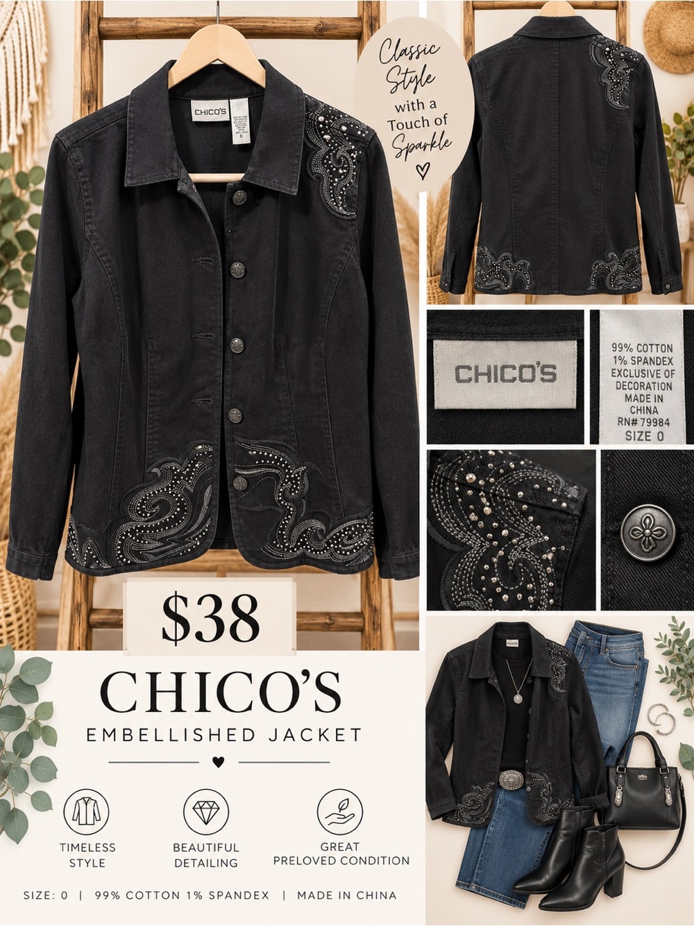 Chico's Black Embellished Jean Jacket with Stud Detail Size 0